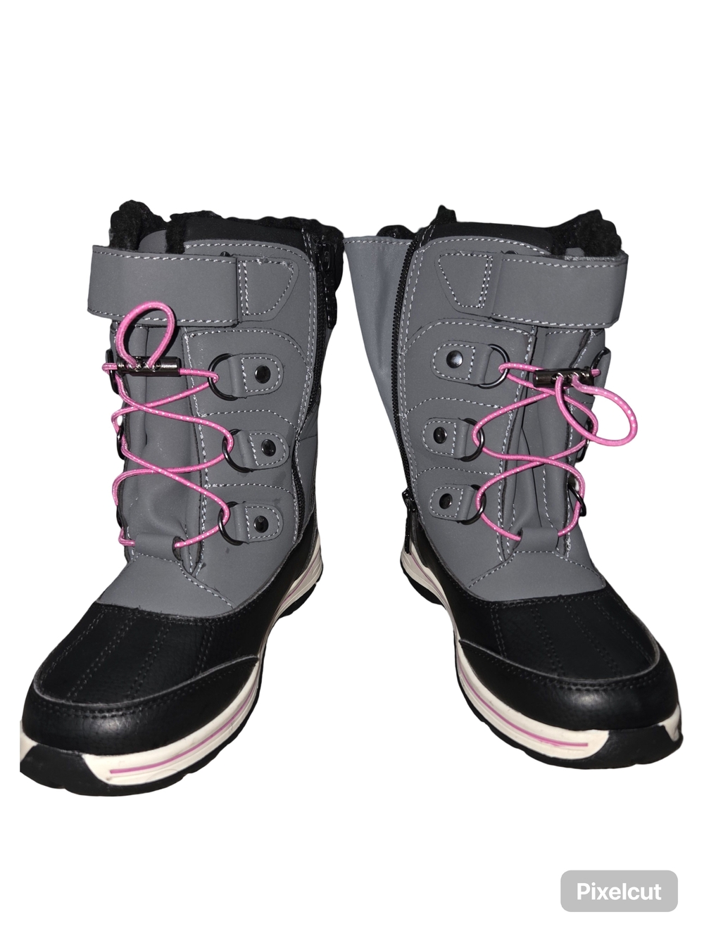 totes Kids Grey and Black Snow Boots with Pink Laces